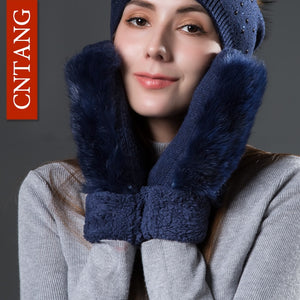 CNTANG Women Cute Real Rabbit Fur Gloves Autumn Winter Warm Wool Mittens Gloves For Ladies Fashion Knitted Velvet Female Gloves