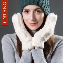 CNTANG Women Cute Real Rabbit Fur Gloves Autumn Winter Warm Wool Mittens Gloves For Ladies Fashion Knitted Velvet Female Gloves
