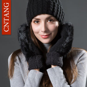 CNTANG Women Cute Real Rabbit Fur Gloves Autumn Winter Warm Wool Mittens Gloves For Ladies Fashion Knitted Velvet Female Gloves