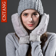 CNTANG Women Cute Real Rabbit Fur Gloves Autumn Winter Warm Wool Mittens Gloves For Ladies Fashion Knitted Velvet Female Gloves
