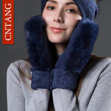 CNTANG Women Cute Real Rabbit Fur Gloves Autumn Winter Warm Wool Mittens Gloves For Ladies Fashion Knitted Velvet Female Gloves