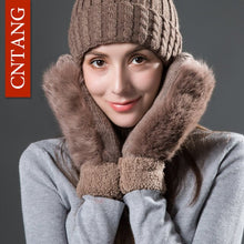 CNTANG Women Cute Real Rabbit Fur Gloves Autumn Winter Warm Wool Mittens Gloves For Ladies Fashion Knitted Velvet Female Gloves