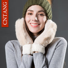 CNTANG Women Cute Real Rabbit Fur Gloves Autumn Winter Warm Wool Mittens Gloves For Ladies Fashion Knitted Velvet Female Gloves